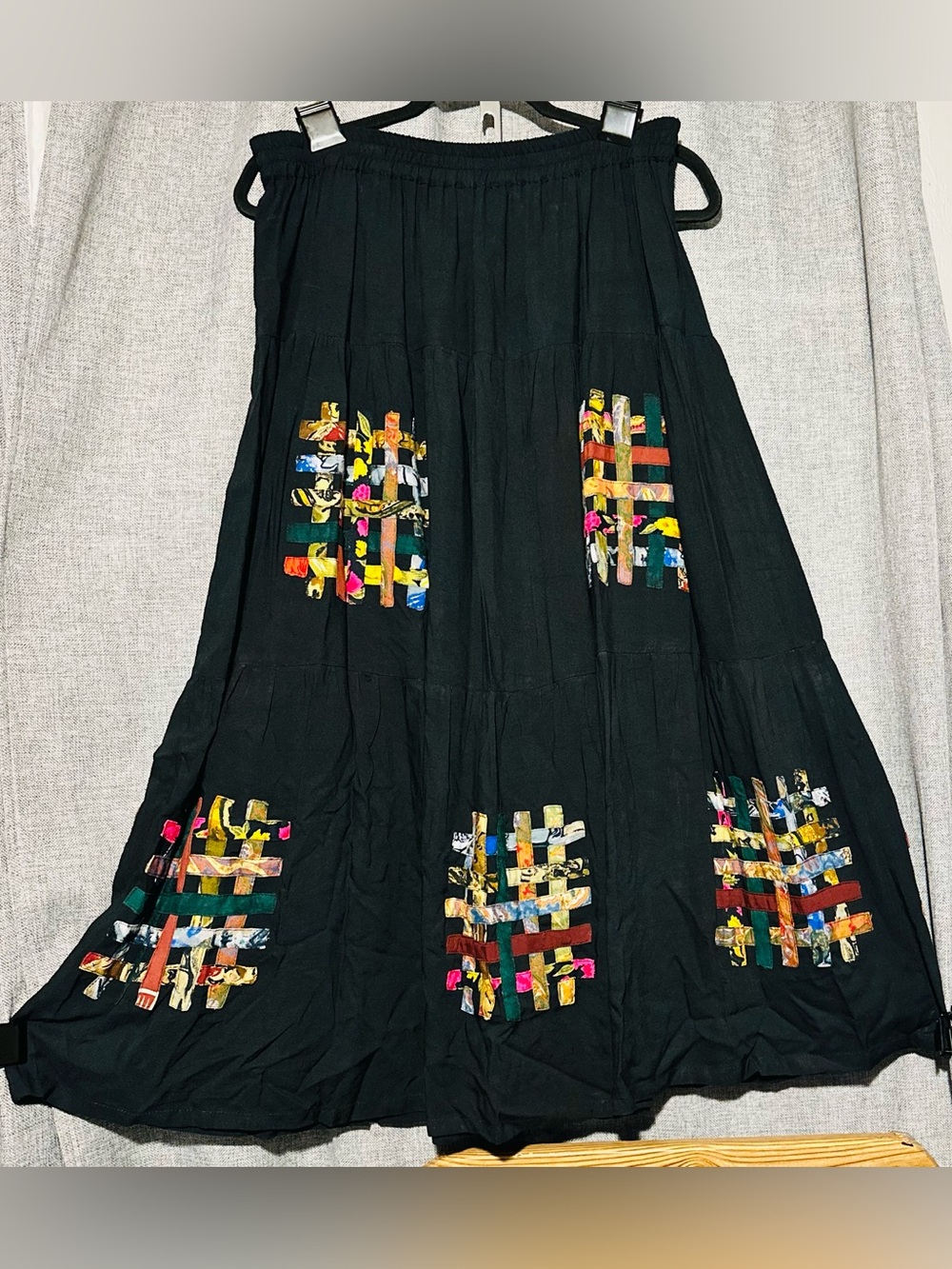 VTG Theo 100% Rayon Black Tiered Maxi Skirt Vibrant Lattice Ribbon Patchwork, 2X